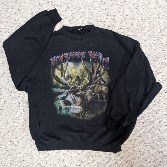 Forever Wild Vintage Crewneck Sweater black adult large wilderness deer 90's - Picture 2 of 15